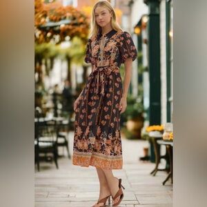 Entro Botanical Print Puff Sleeve Midi Dress in black Small